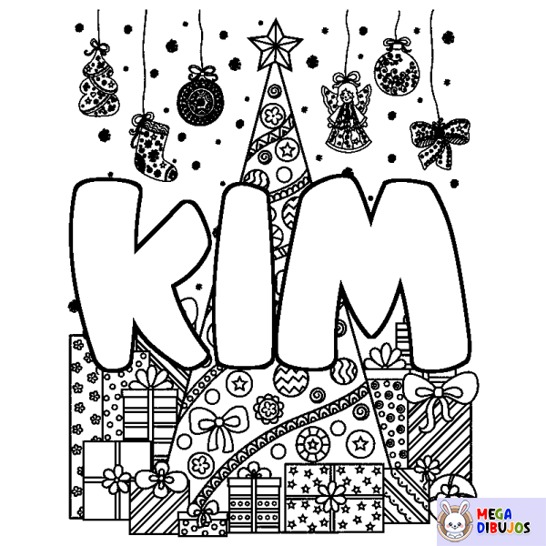 Coloración del nombre KIM - decorado &aacute;rbol de Navidad y regalos