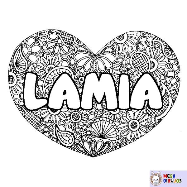 Coloración del nombre LAMIA - decorado mandala de coraz&oacute;n