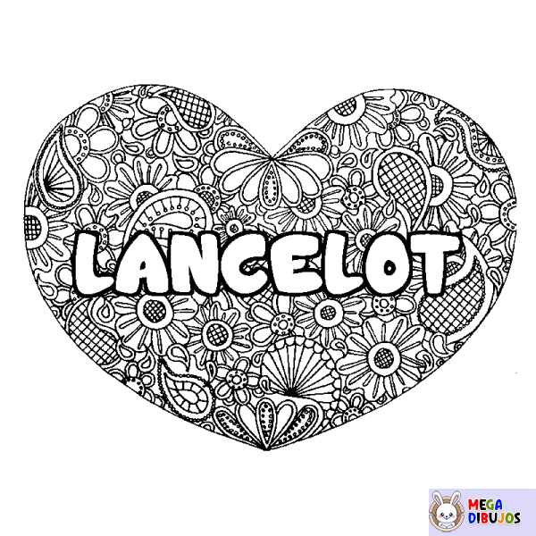 Coloración del nombre LANCELOT - decorado mandala de coraz&oacute;n