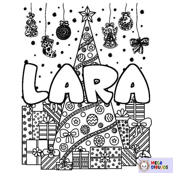 Coloración del nombre LARA - decorado &aacute;rbol de Navidad y regalos