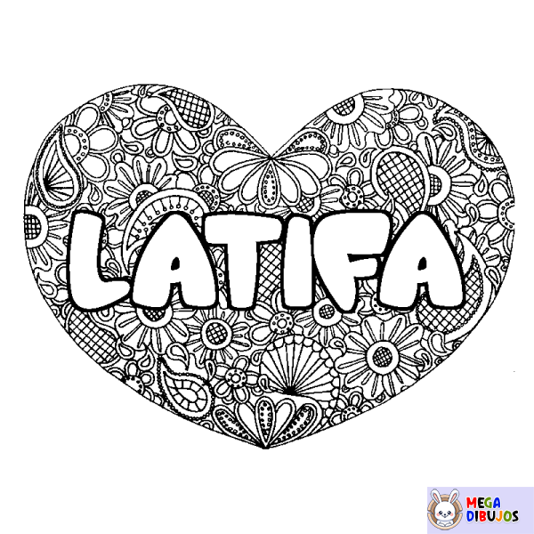 Coloración del nombre LATIFA - decorado mandala de coraz&oacute;n