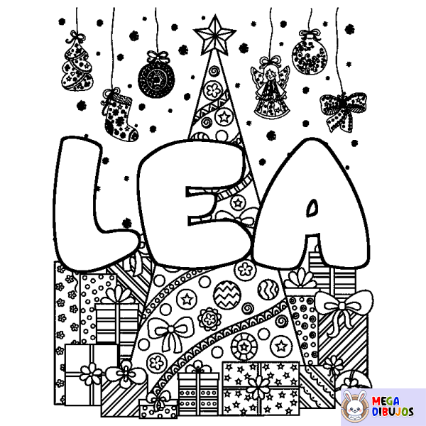 Coloración del nombre LEA - decorado &aacute;rbol de Navidad y regalos