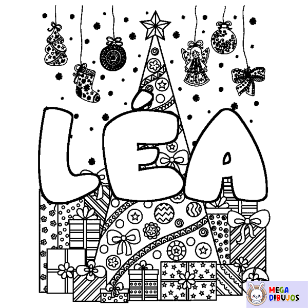 Coloración del nombre L&Eacute;A - decorado &aacute;rbol de Navidad y regalos