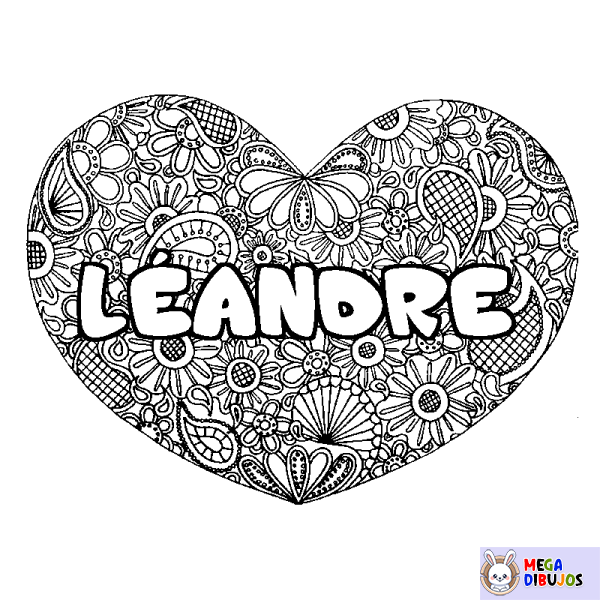 Coloración del nombre L&Eacute;ANDRE - decorado mandala de coraz&oacute;n