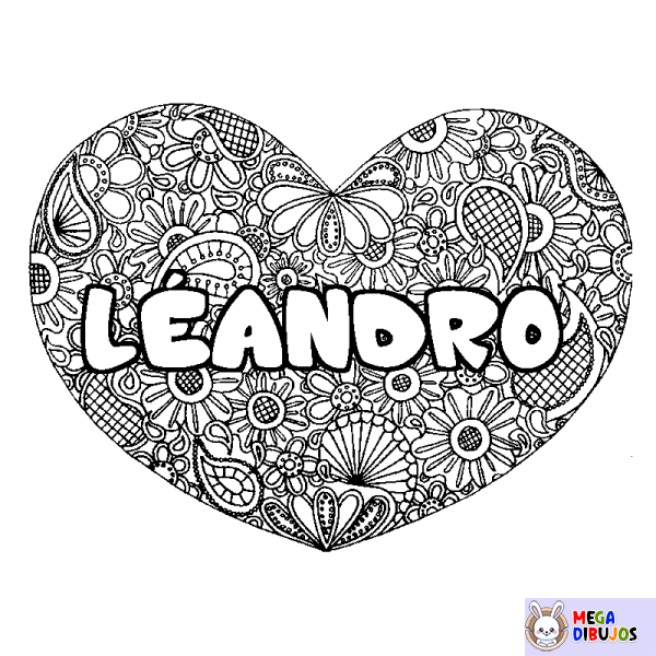 Coloración del nombre L&Eacute;ANDRO - decorado mandala de coraz&oacute;n