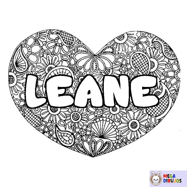 Coloración del nombre LEANE - decorado mandala de coraz&oacute;n