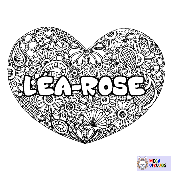 Coloración del nombre L&Eacute;A-ROSE - decorado mandala de coraz&oacute;n