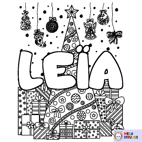 Coloración del nombre LE&Iuml;A - decorado &aacute;rbol de Navidad y regalos