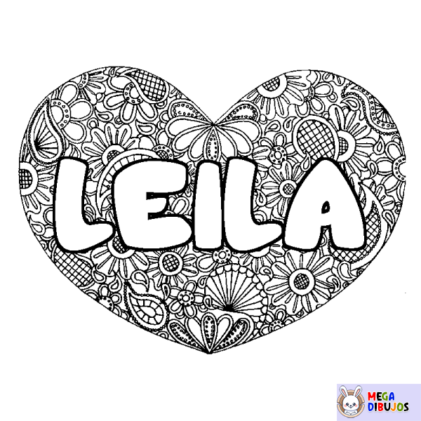 Coloración del nombre LEILA - decorado mandala de coraz&oacute;n