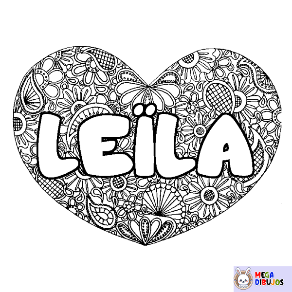 Coloración del nombre LE&Iuml;LA - decorado mandala de coraz&oacute;n