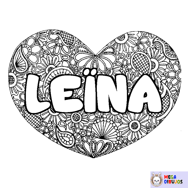 Coloración del nombre LE&Iuml;NA - decorado mandala de coraz&oacute;n