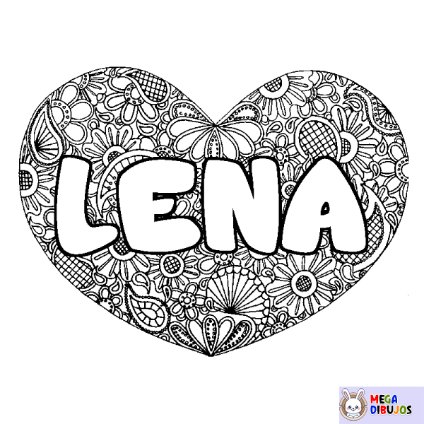 Coloración del nombre LENA - decorado mandala de coraz&oacute;n