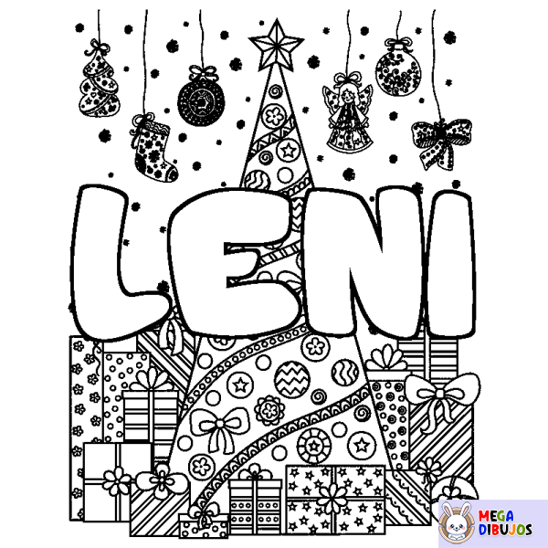 Coloración del nombre LENI - decorado &aacute;rbol de Navidad y regalos