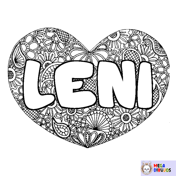 Coloración del nombre LENI - decorado mandala de coraz&oacute;n