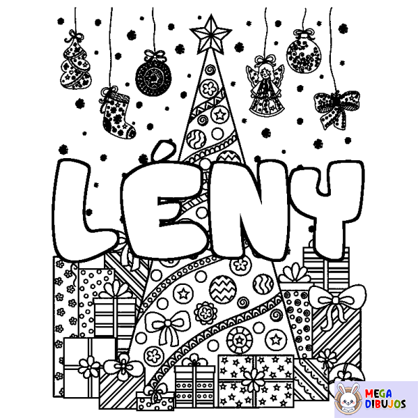 Coloración del nombre L&Eacute;NY - decorado &aacute;rbol de Navidad y regalos