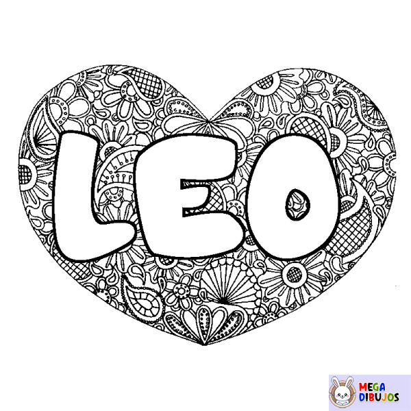 Coloración del nombre LEO - decorado mandala de coraz&oacute;n