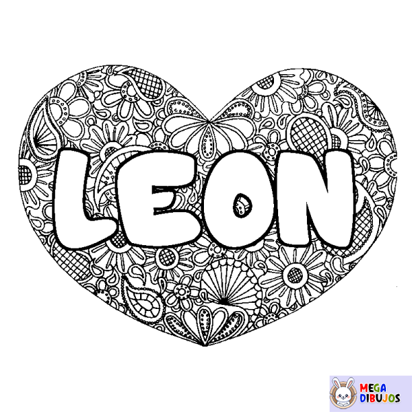 Coloración del nombre LEON - decorado mandala de coraz&oacute;n