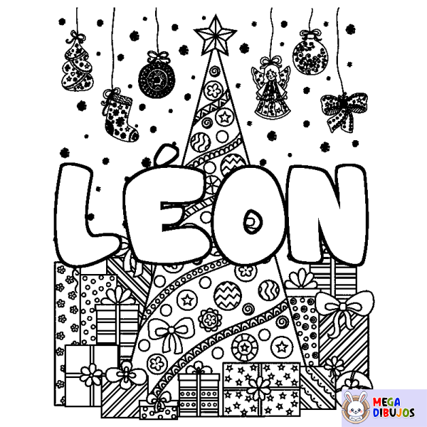 Coloración del nombre L&Eacute;ON - decorado &aacute;rbol de Navidad y regalos