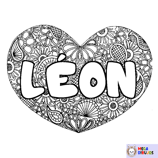 Coloración del nombre L&Eacute;ON - decorado mandala de coraz&oacute;n