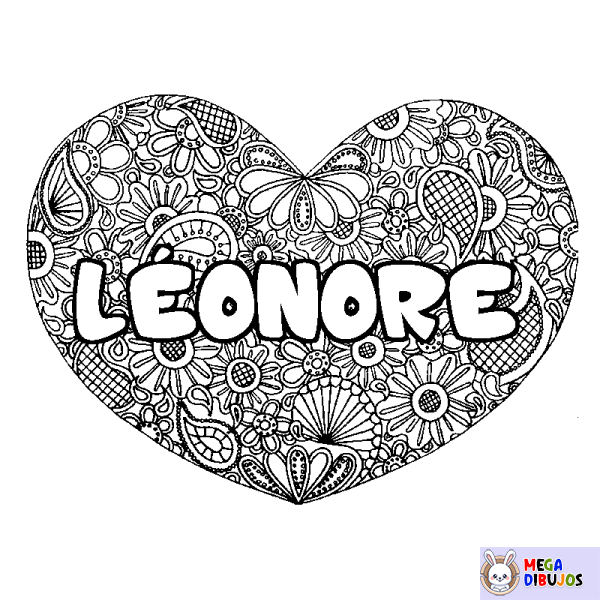 Coloración del nombre L&Eacute;ONORE - decorado mandala de coraz&oacute;n