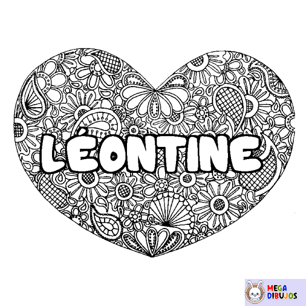 Coloración del nombre L&Eacute;ONTINE - decorado mandala de coraz&oacute;n