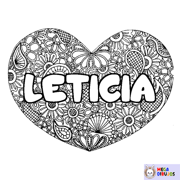 Coloración del nombre LETICIA - decorado mandala de coraz&oacute;n