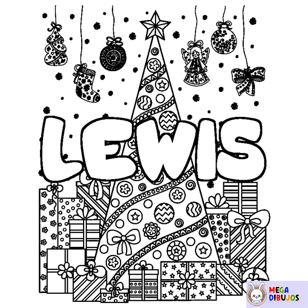 Coloración del nombre LEWIS - decorado &aacute;rbol de Navidad y regalos