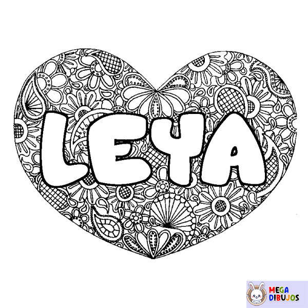 Coloración del nombre LEYA - decorado mandala de coraz&oacute;n