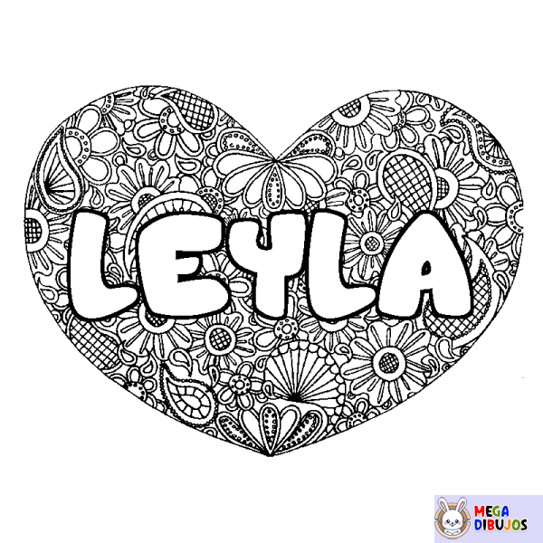 Coloración del nombre LEYLA - decorado mandala de coraz&oacute;n