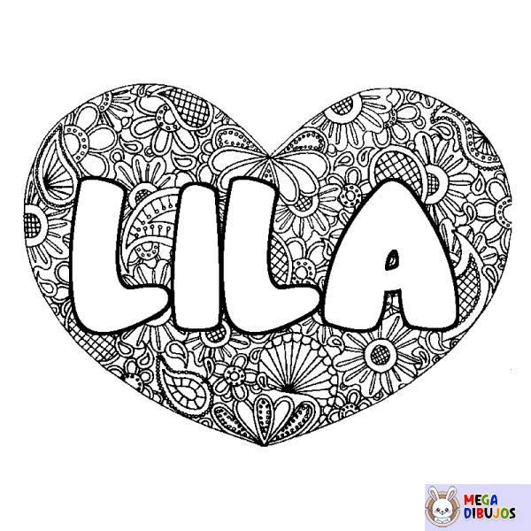 Coloración del nombre LILA - decorado mandala de coraz&oacute;n