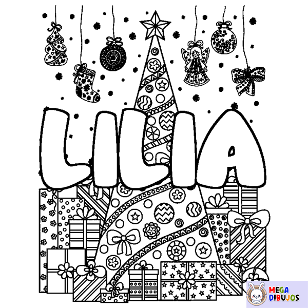 Coloración del nombre LILIA - decorado &aacute;rbol de Navidad y regalos