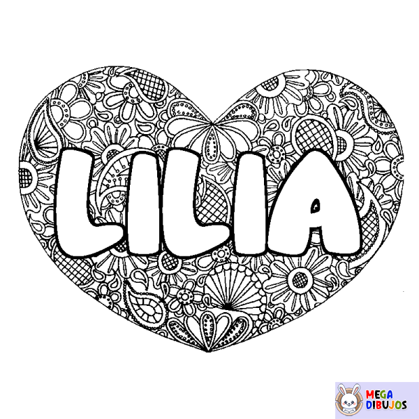 Coloración del nombre LILIA - decorado mandala de coraz&oacute;n