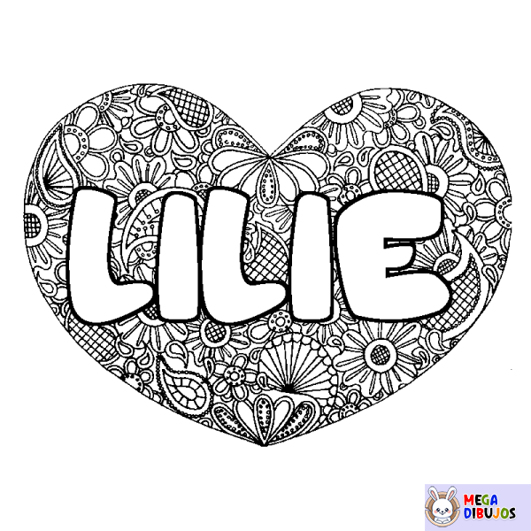 Coloración del nombre LILIE - decorado mandala de coraz&oacute;n