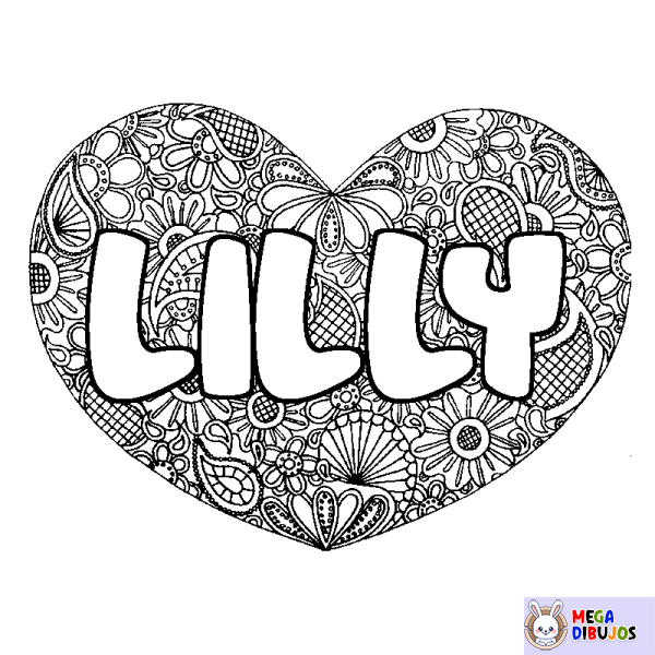 Coloración del nombre LILLY - decorado mandala de coraz&oacute;n