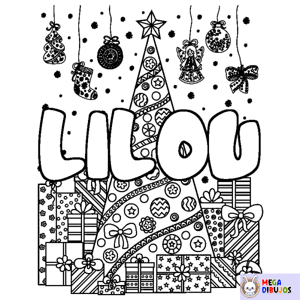 Coloración del nombre LILOU - decorado &aacute;rbol de Navidad y regalos