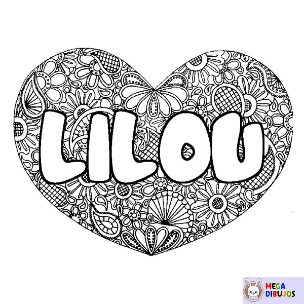 Coloración del nombre LILOU - decorado mandala de coraz&oacute;n