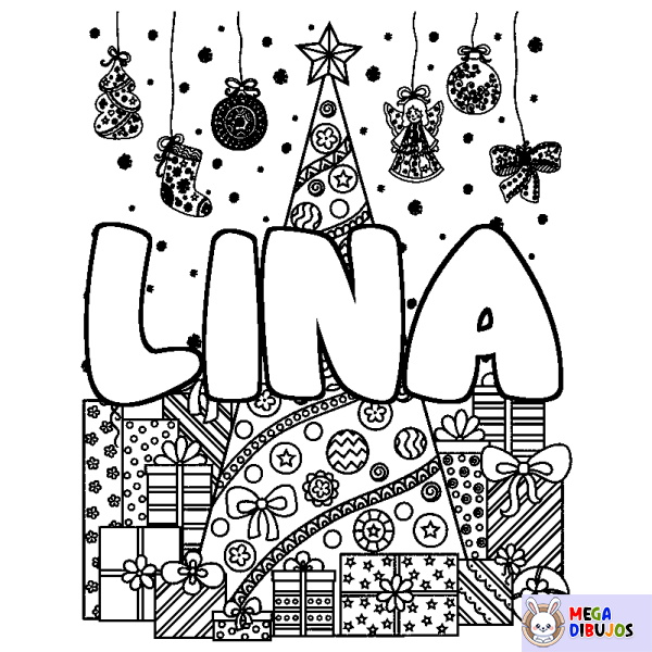 Coloración del nombre LINA - decorado &aacute;rbol de Navidad y regalos