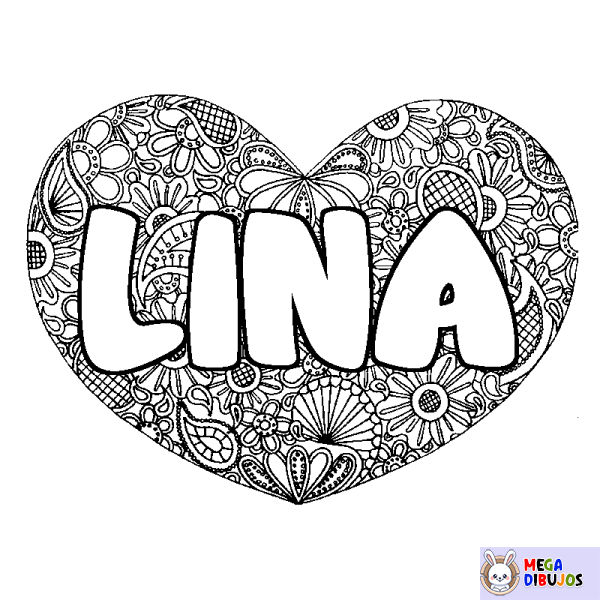 Coloración del nombre LINA - decorado mandala de coraz&oacute;n