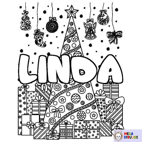 Coloración del nombre LINDA - decorado &aacute;rbol de Navidad y regalos