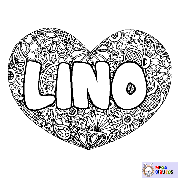 Coloración del nombre LINO - decorado mandala de coraz&oacute;n