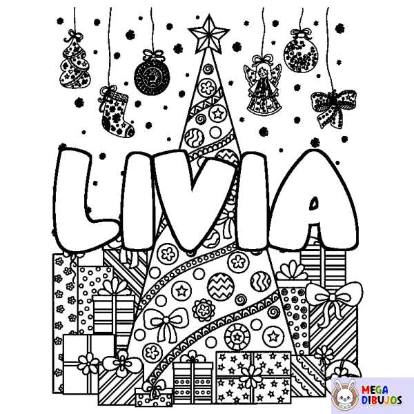 Coloración del nombre LIVIA - decorado &aacute;rbol de Navidad y regalos