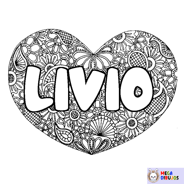 Coloración del nombre LIVIO - decorado mandala de coraz&oacute;n