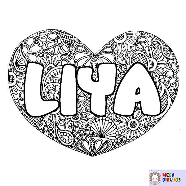 Coloración del nombre LIYA - decorado mandala de coraz&oacute;n