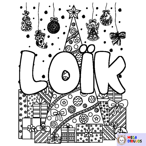 Coloración del nombre LO&Iuml;K - decorado &aacute;rbol de Navidad y regalos