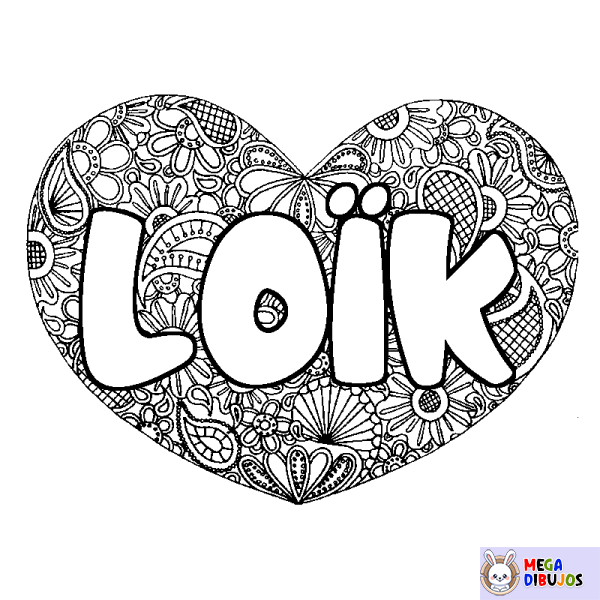 Coloración del nombre LO&Iuml;K - decorado mandala de coraz&oacute;n