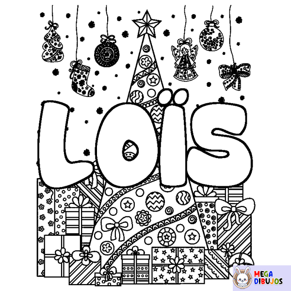 Coloración del nombre LO&Iuml;S - decorado &aacute;rbol de Navidad y regalos