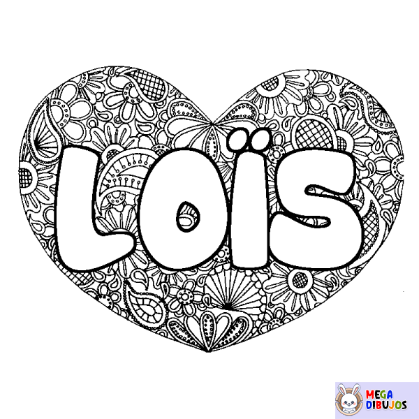 Coloración del nombre LO&Iuml;S - decorado mandala de coraz&oacute;n