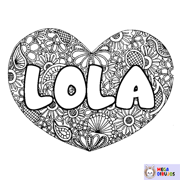 Coloración del nombre LOLA - decorado mandala de coraz&oacute;n