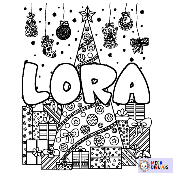 Coloración del nombre LORA - decorado &aacute;rbol de Navidad y regalos