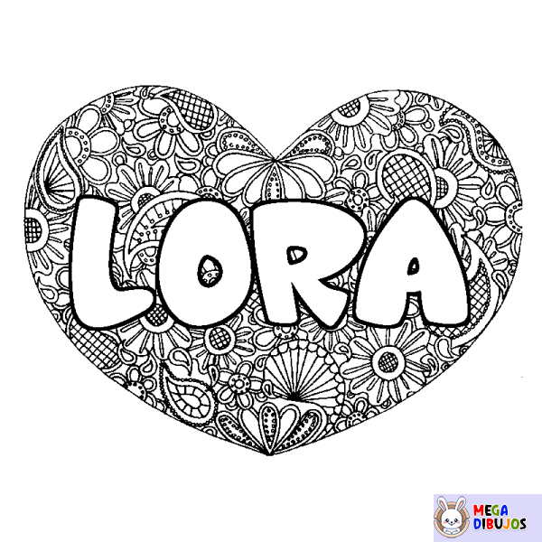 Coloración del nombre LORA - decorado mandala de coraz&oacute;n